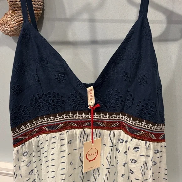 Anthropologie Raga Navy and Cream Patterned Spaghetti Strap Dress - Picture 2 of 5